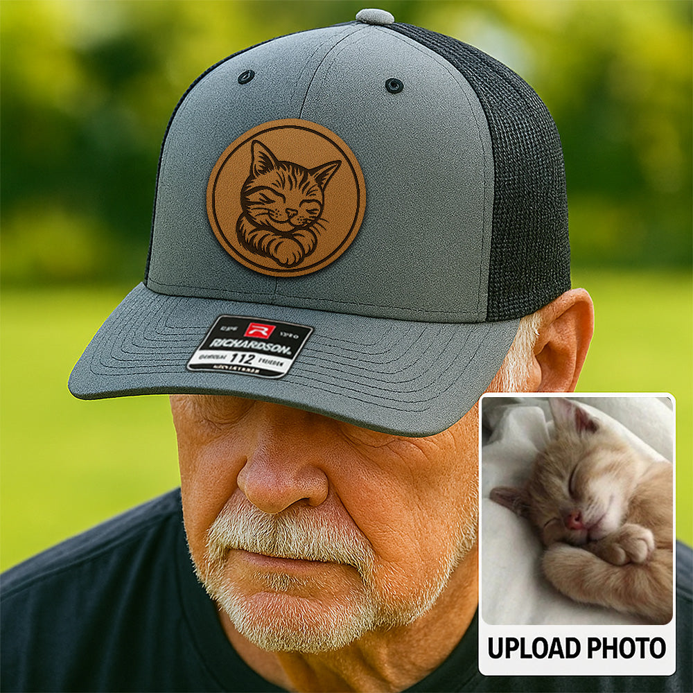 Custom Cat Photo Trucker Hat | Personalized Cat Photo Leather Patch Hat | Gift For Cat Lover TNGANSP033