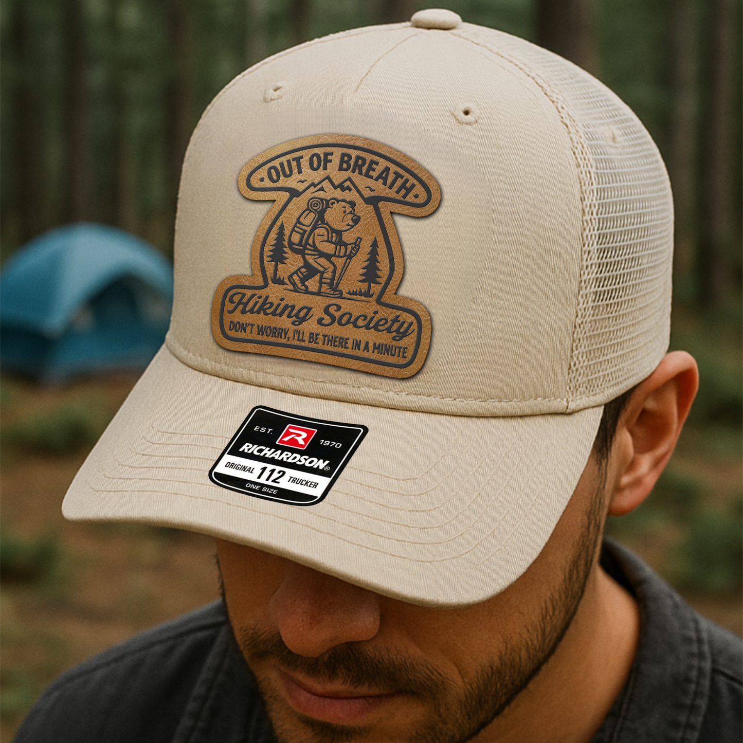 Custom Hiking Trucker Hat – “Out of Breath Hiking Society” Funny Bear Patch VHA163