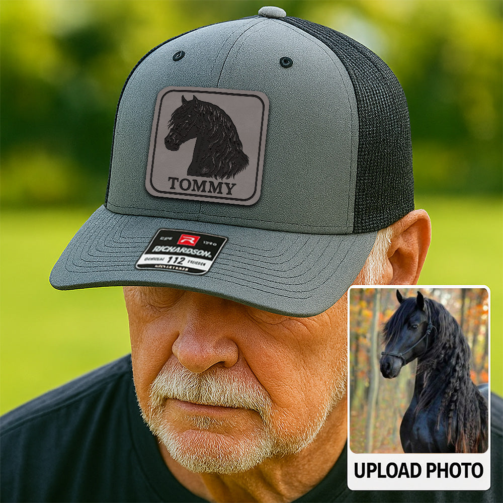 Custom Pet Photo Trucker Hat | Personalized Horse Photo Leather Patch Hat | Horse Portrait Gift THUC99P15