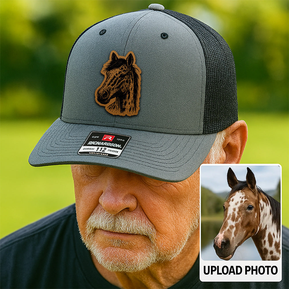 Custom Pet Photo Trucker Hat – Personalized Leather Patch Hat – Horse Portrait Gift – Custom Pet Face Hat P99A21