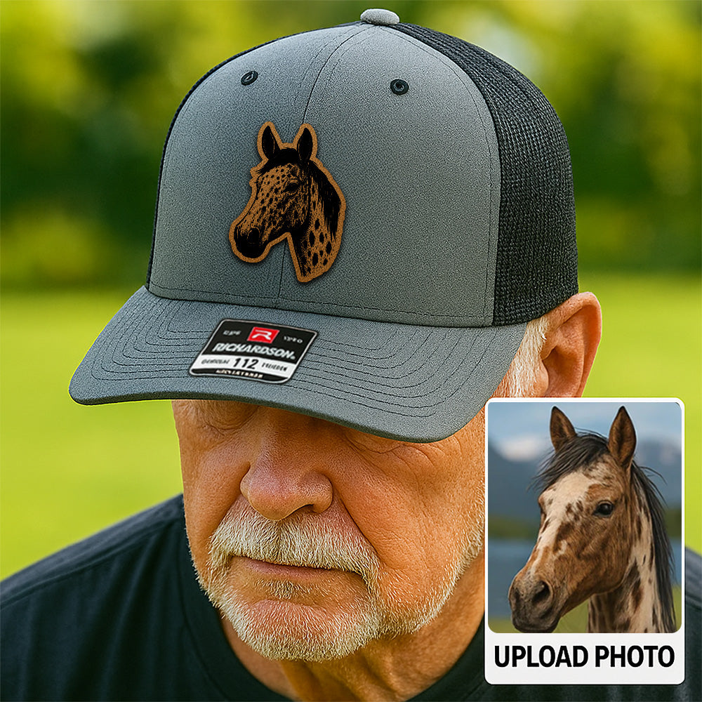 Custom Pet Photo Trucker Hat – Personalized Leather Patch Hat – Horse Portrait Gift – Custom Pet Face Hat P99A23