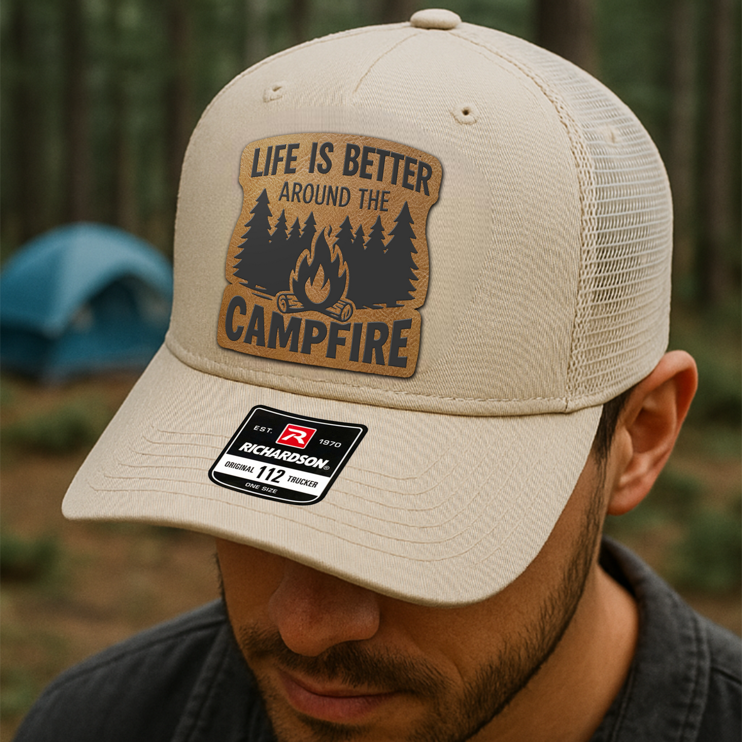 Custom Campfire Trucker Hat – “Life Is Better Around the Campfire” Richardson 112 Outdoor Cap VHA163