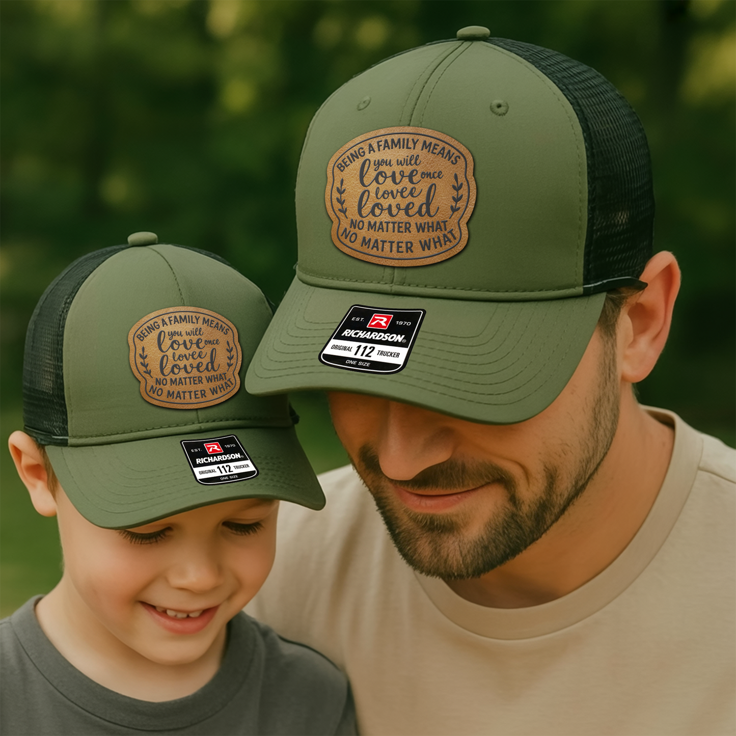 Family Trucker Hat – “Being a Family Means You’re Loved No Matter What” Matching Dad & Kid Cap VHA163