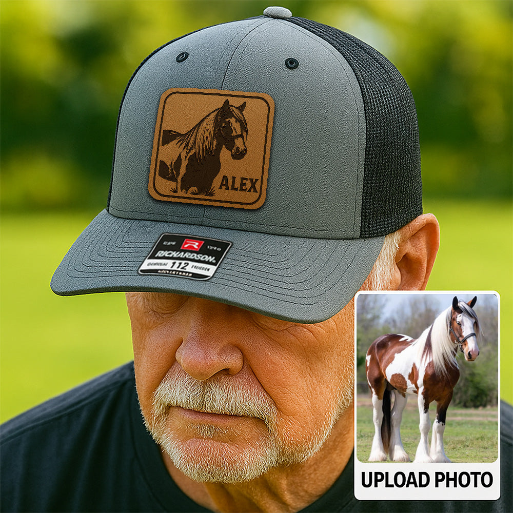 Personalized Horse Photo Leather Patch Hat | Custom Horse Photo Trucker Hat | Gift For Horse Farm Lovers THUC99P01