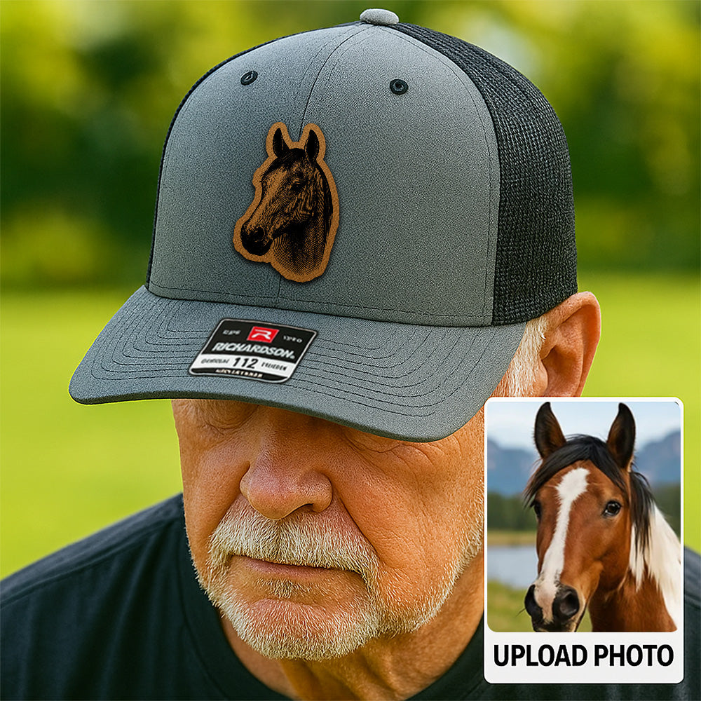 Custom Pet Photo Trucker Hat – Personalized Leather Patch Hat – Horse Portrait Gift – Custom Pet Face Hat P99A22