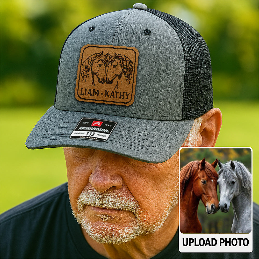 Personalized Horse Photo Leather Patch Hat | Custom Horse Photo Trucker Hat | Gift For Pet Owners THUC99P11