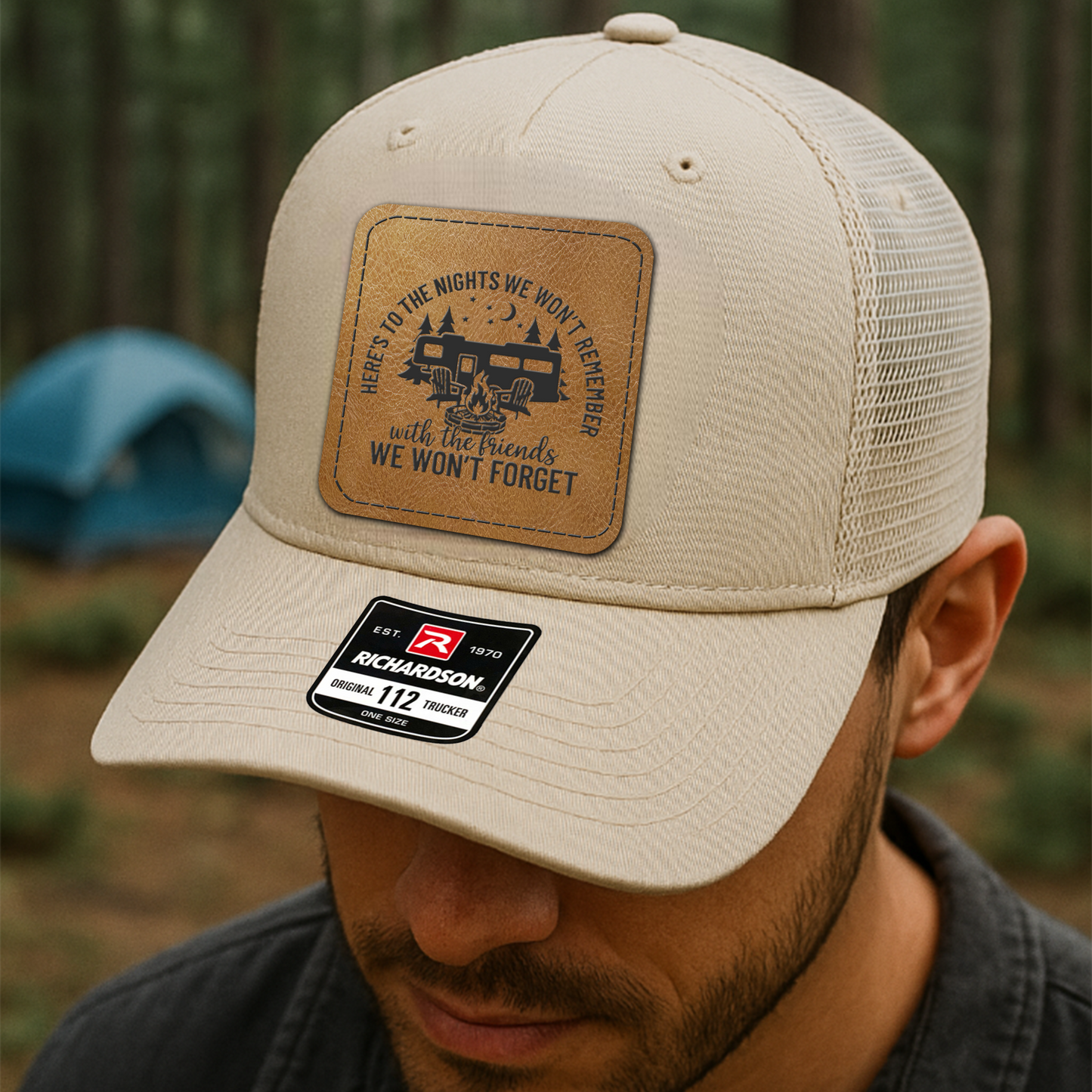 Custom Trucker Hat – “Here’s to the Nights We Won’t Remember” Campfire Design VHA163