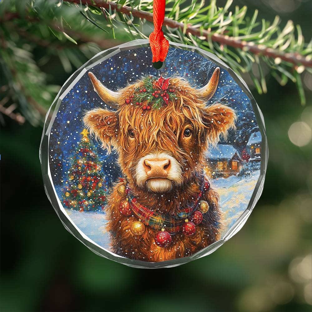 Beautiful Highland Cow Christmas Night Design 2 Glass Ornament