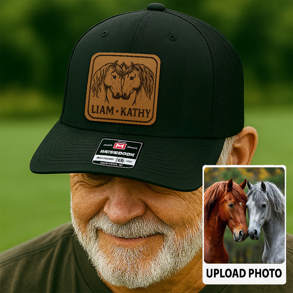 Personalized Horse Photo Leather Patch Hat | Custom Horse Photo Trucker Hat | Gift For Pet Owners THUC99P11