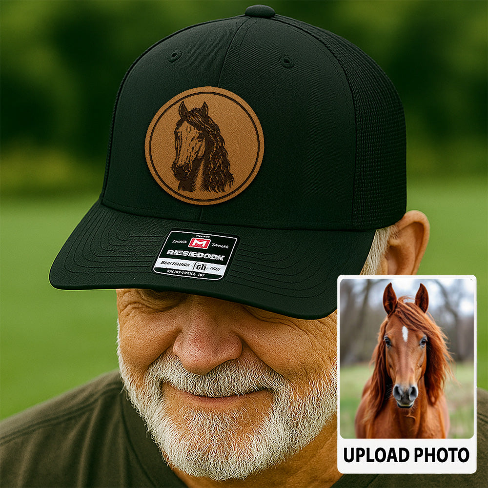 Personalized Photo Leather Patch Hat | Custom Horse Photo Trucker Hat | Gift For Pet Owners THUC99P10