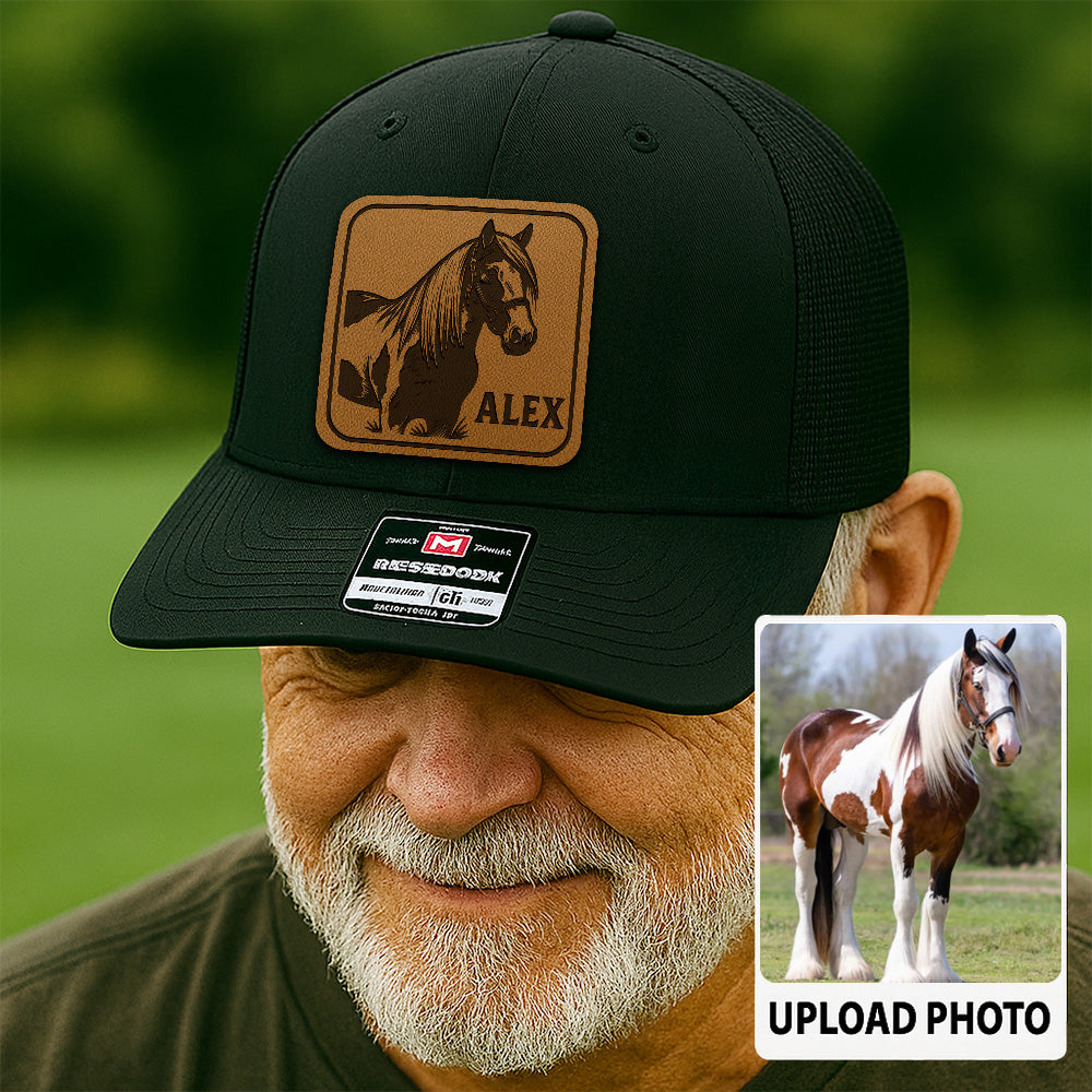 Personalized Horse Photo Leather Patch Hat | Custom Pet Photo Trucker Hat | Horse Portrait Trucker Hat Farm Lovers THUC99P02