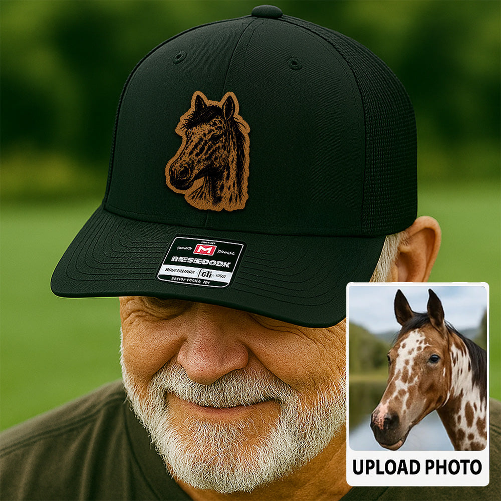 Custom Pet Photo Trucker Hat – Personalized Leather Patch Hat – Horse Portrait Gift – Custom Pet Face Hat P99A21