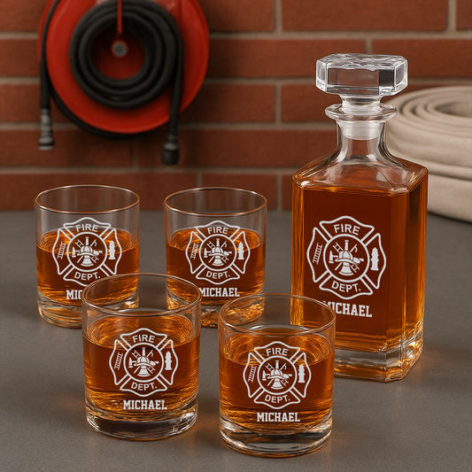 Personalized Firefighter Decanter With Whiskey Glasses Set, First Responder Gift, Firefighter Maltese Cross Decanter, Fireman Gift TNN017