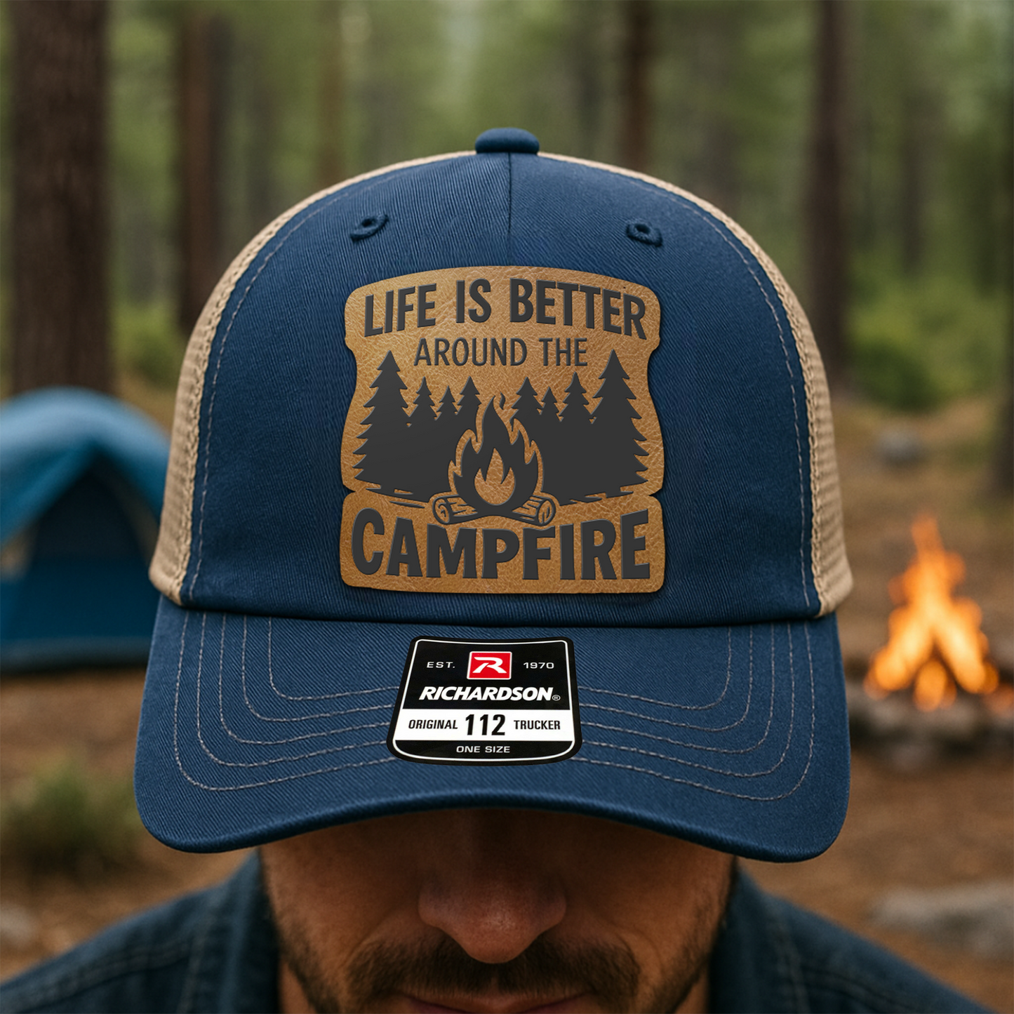 Custom Campfire Trucker Hat – “Life Is Better Around the Campfire” Richardson 112 Outdoor Cap VHA163
