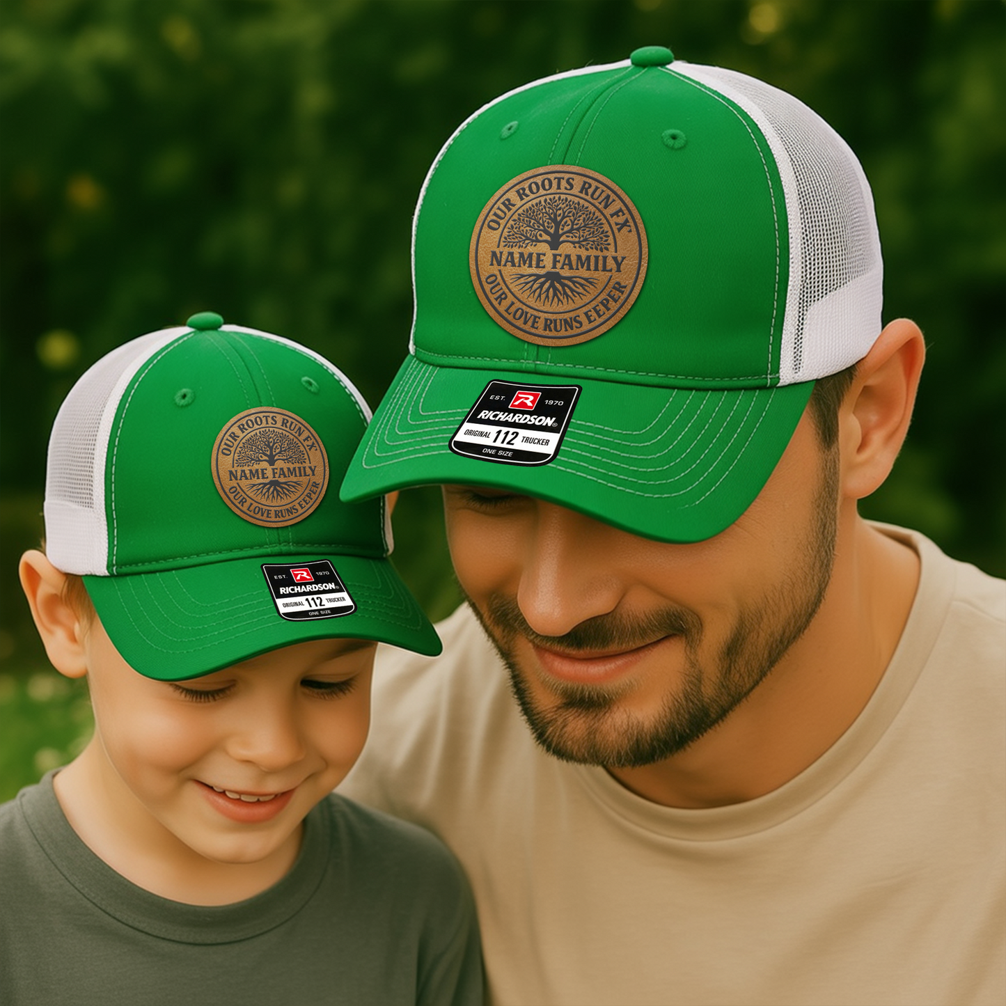 Custom Family Trucker Hat – “Our Roots Run Deep” Personalized Reunion Cap with Family Name & Tree Patch VHA163