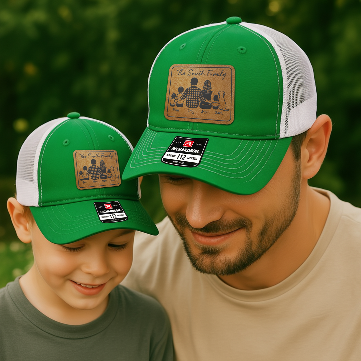 Custom Family Trucker Hat – Personalized Family Portrait Patch Cap with Names for Dad, Mom & Kids VHA163