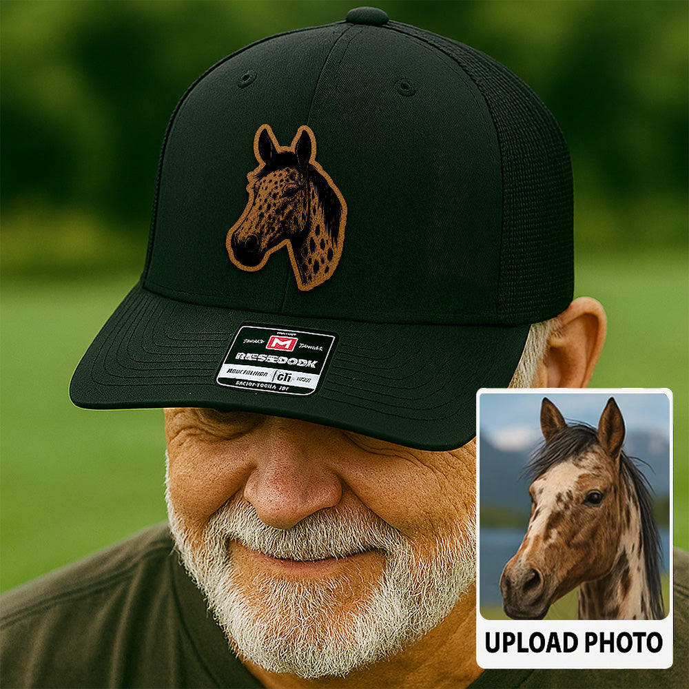 Custom Pet Photo Trucker Hat – Personalized Leather Patch Hat – Horse Portrait Gift – Custom Pet Face Hat P99A23