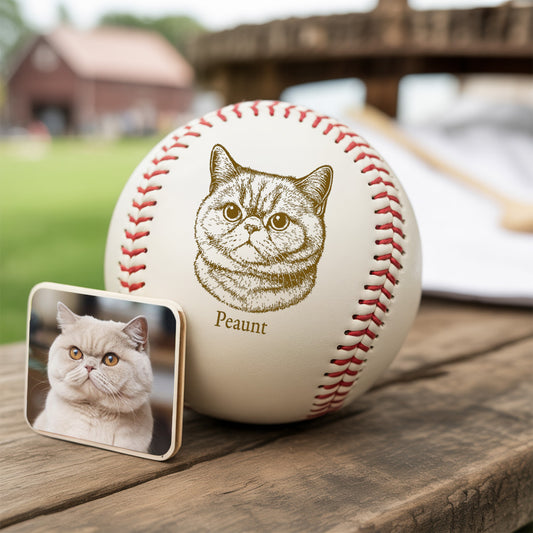 Custom Cat Photo Baseball Gift, Engraved Pet Portrait Photo Baseball Ball, Cat Memorial Keepsake TNBA033