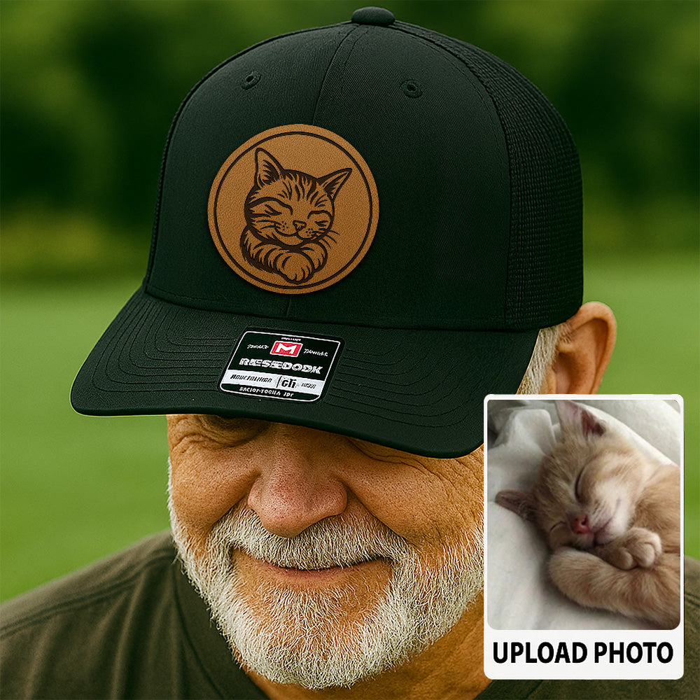 Custom Cat Photo Trucker Hat | Personalized Cat Photo Leather Patch Hat | Gift For Cat Lover TNGANSP033