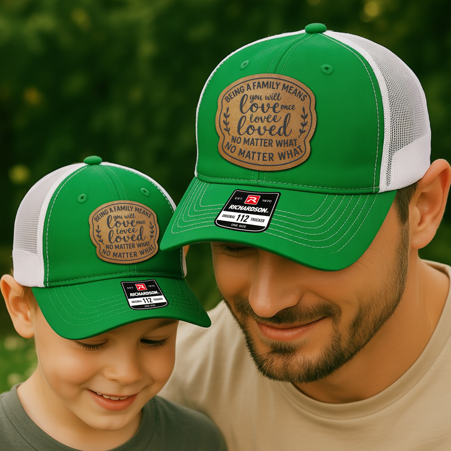 Family Trucker Hat – “Being a Family Means You’re Loved No Matter What” Matching Dad & Kid Cap VHA163
