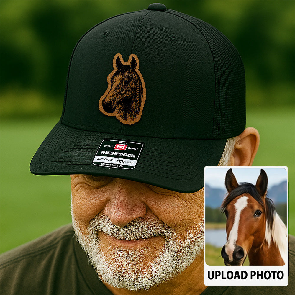 Custom Pet Photo Trucker Hat – Personalized Leather Patch Hat – Horse Portrait Gift – Custom Pet Face Hat P99A22