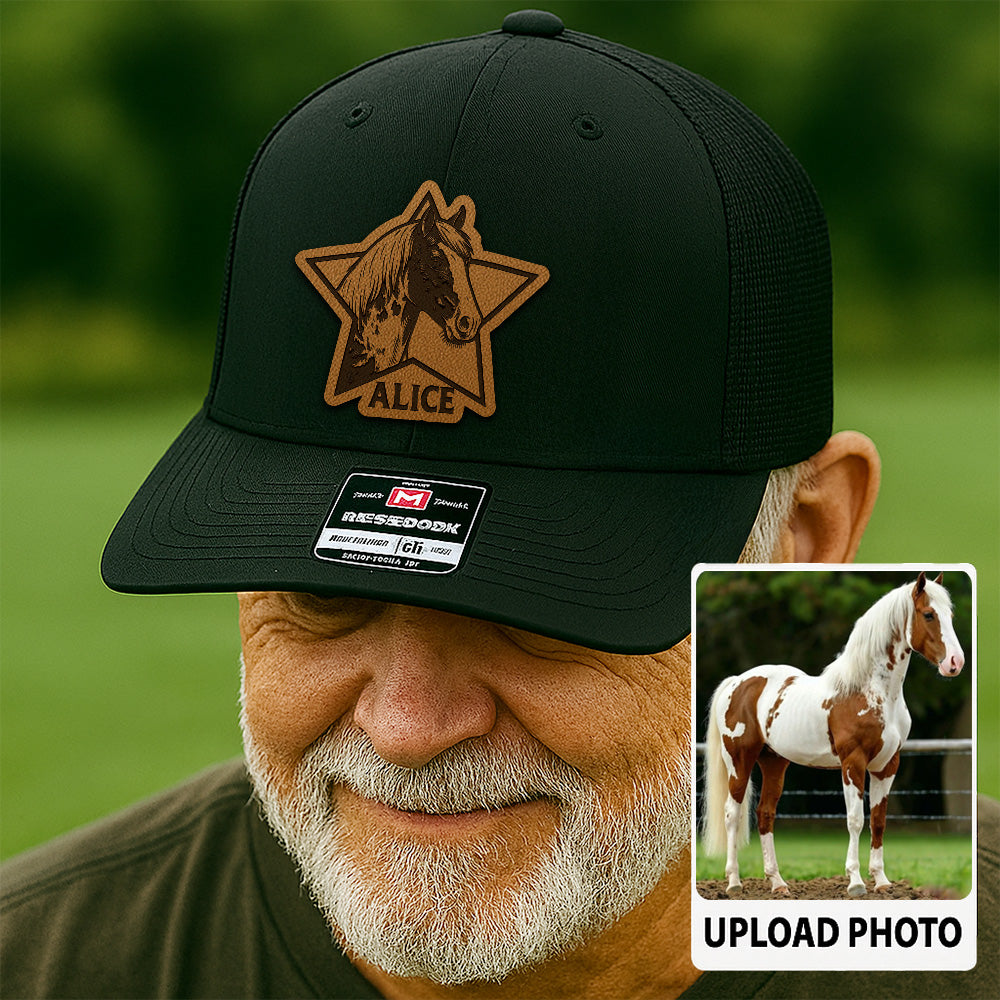 Personalized Horse Photo Leather Patch Hat | Custom Pet Photo Trucker Hat | Unique Gift For Horse Lovers THUC9909