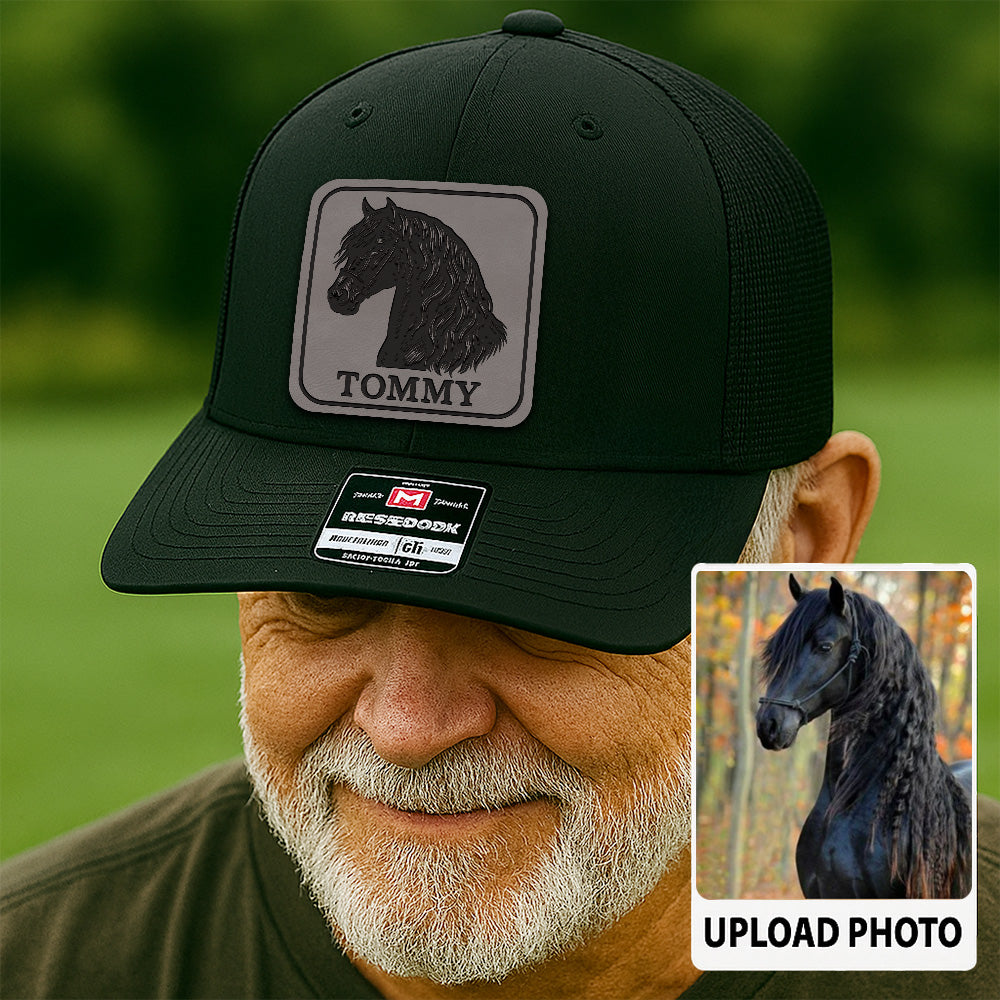 Custom Pet Photo Trucker Hat | Personalized Horse Photo Leather Patch Hat | Horse Portrait Gift THUC99P15
