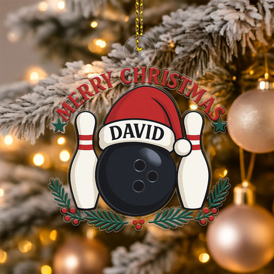 Custom Name Bowling Ball Santa Acrylic Ornament Christmas Gift