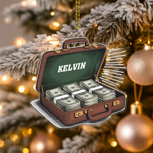 Personalized Suitcase with Cash Dollars Ornament, Custom Funny Christmas Ornament, Money Lover Holiday Gift, Unique Xmas Keepsake
