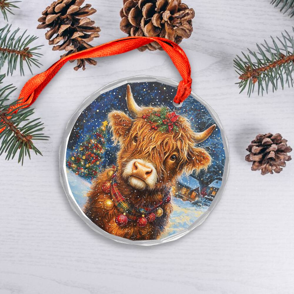 Beautiful Highland Cow Christmas Night Design 2 Glass Ornament