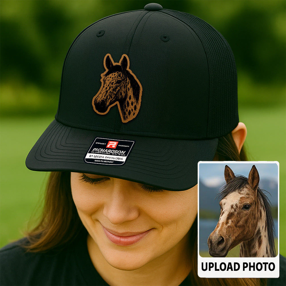 Custom Pet Photo Trucker Hat – Personalized Leather Patch Hat – Horse Portrait Gift – Custom Pet Face Hat P99A23