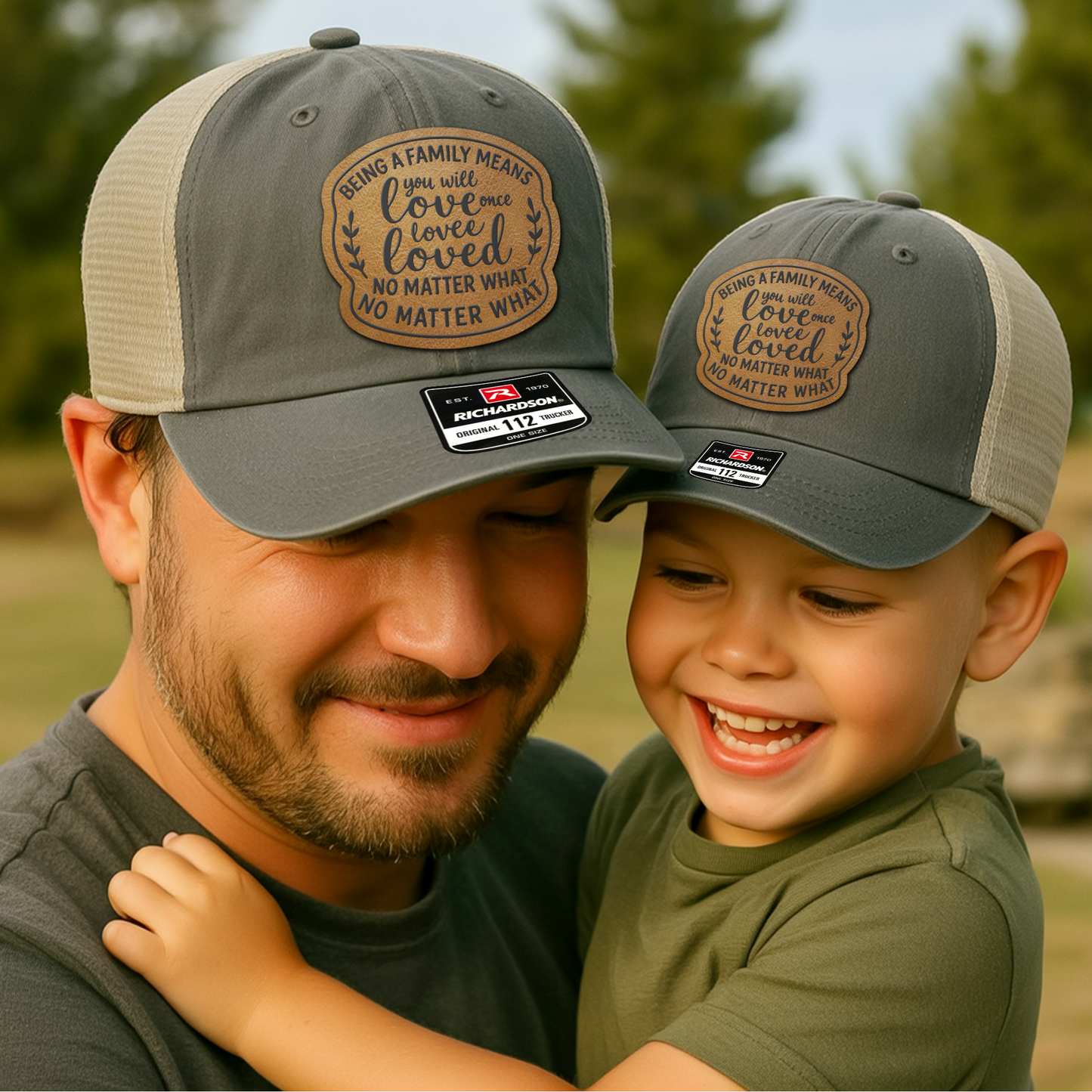 Family Trucker Hat – “Being a Family Means You’re Loved No Matter What” Matching Dad & Kid Cap VHA163