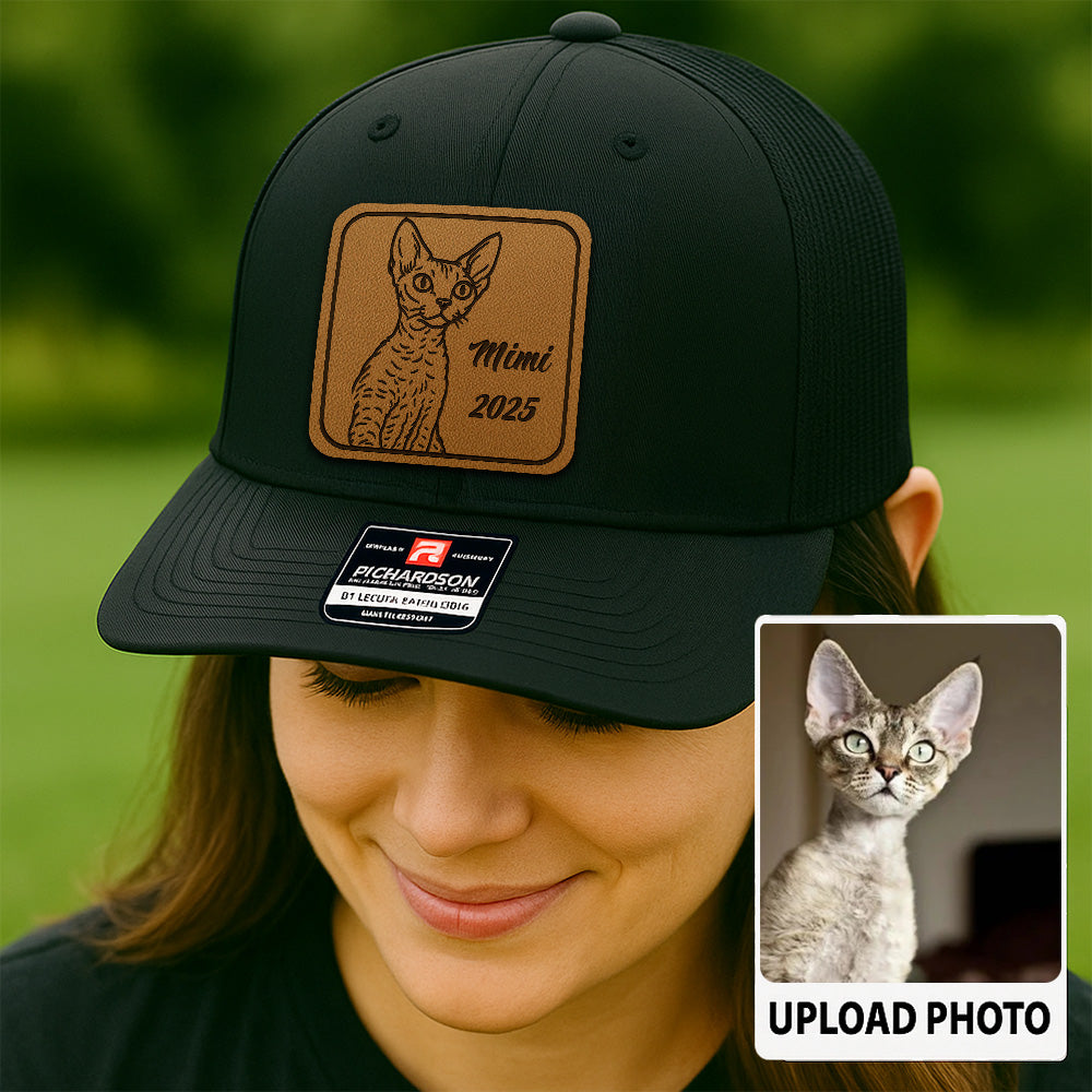 Custom Cat Photo Leather Patch Hat | Gift For Cat Lovers | Personalized Cat Memorial Trucker Hat TNGANSP014