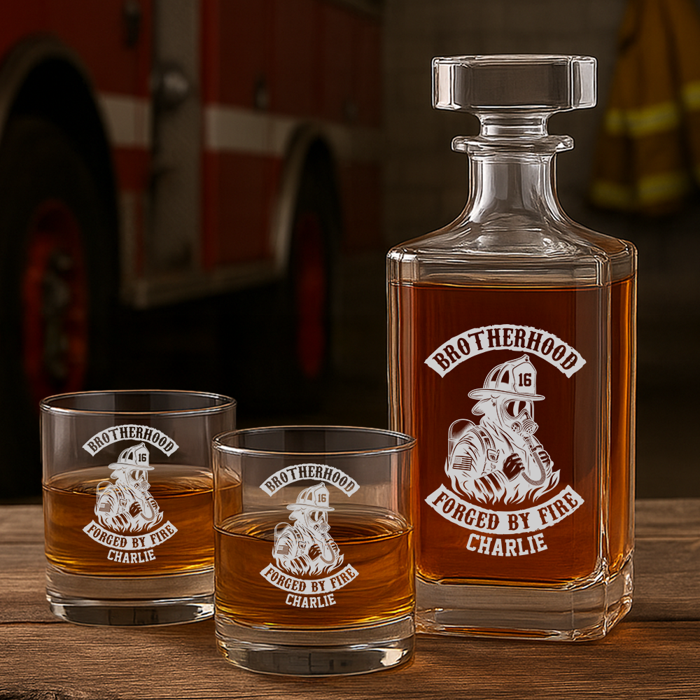 Personalized Decanter Set Brotherhood Forged By Fire, Gift For Fireman Decanter With Whiskey Glasses Set, First Responder Gift TNN023