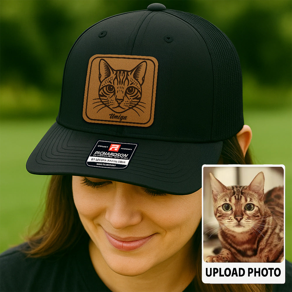 Custom Cat Photo Trucker Hat | Personalized Cat Patch Leather Patch Hat | Gift For Cat Lovers TNGANSP034