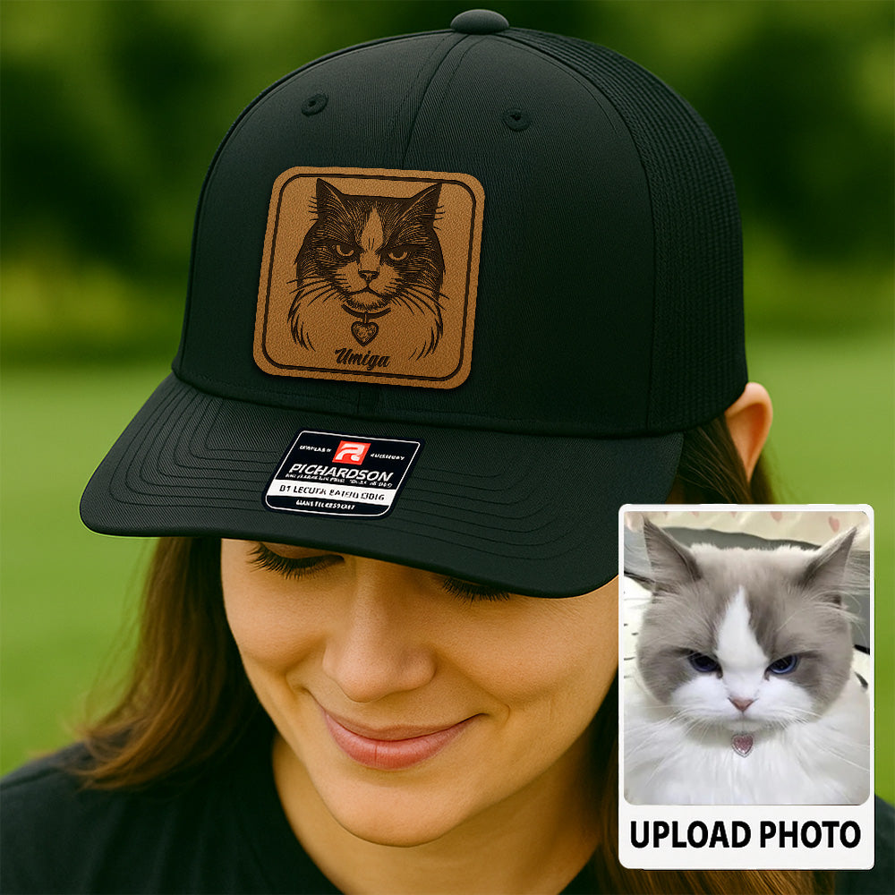 Custom Cat Photo Trucker Hat | Personalized Cat Patch Leather Patch Hat | Gift For Cat Lovers TNGANSP026