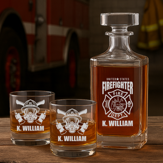 Personalized Fire Dept Save Lives Decanter With Whiskey Glasses Set, First Responder Gift, Firefighter Maltese Cross Decanter, Fireman Gift TNN019