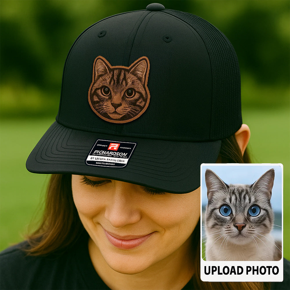 Custom Pet Photo Trucker Hat – Personalized Leather Patch Hat – Cat Dad Gift – Custom Pet Memorial Hat - Cat Gift - Engraved Hat NGOC99A5