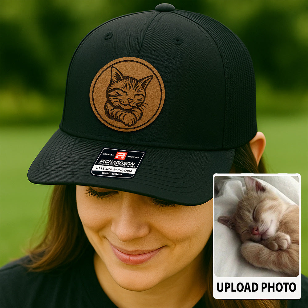 Custom Cat Photo Trucker Hat | Personalized Cat Photo Leather Patch Hat | Gift For Cat Lover TNGANSP033