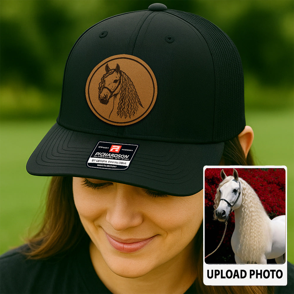 Personalized Horse Photo Leather Patch Hat | Custom Horse Photo Trucker Hat | Gift For Horse Farm Lovers THUC9907