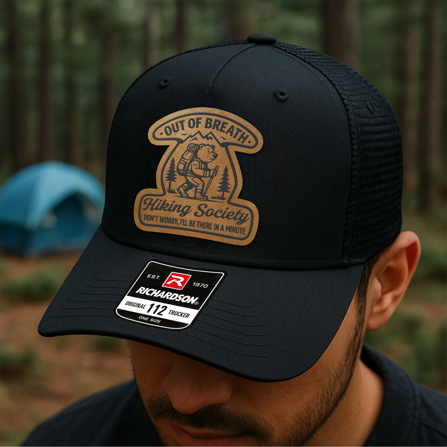 Custom Hiking Trucker Hat – “Out of Breath Hiking Society” Funny Bear Patch VHA163