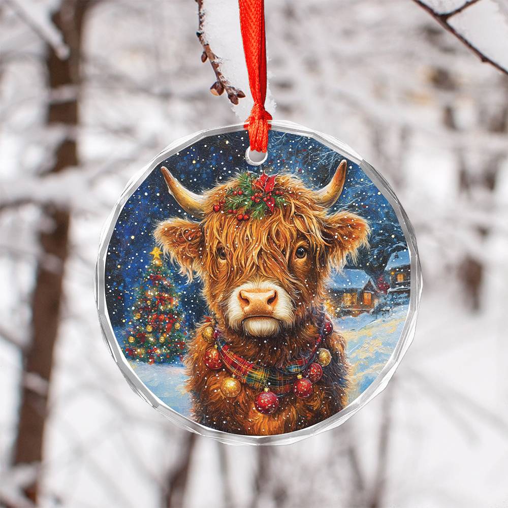Beautiful Highland Cow Christmas Night Design 2 Glass Ornament