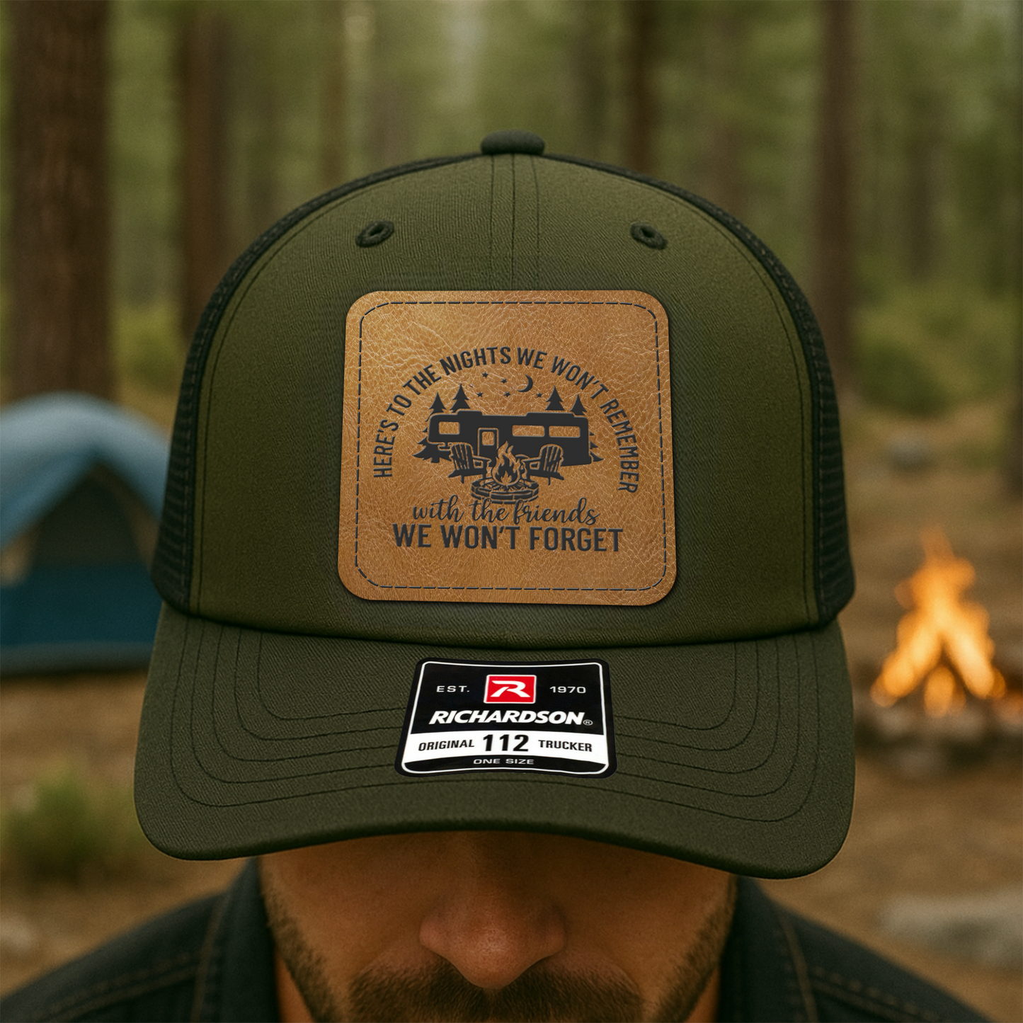 Custom Trucker Hat – “Here’s to the Nights We Won’t Remember” Campfire Design VHA163