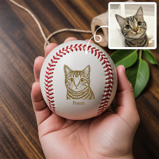 Custom Cat Photo Baseball Gift, Engraved Pet Portrait Photo Baseball Ball, Cat Memorial Keepsake TNBA032