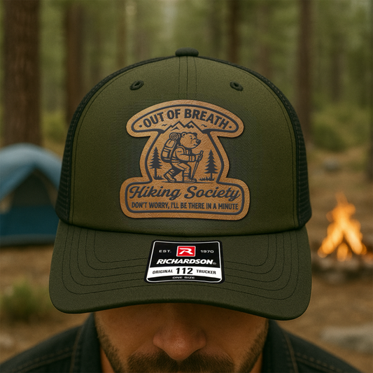 Custom Hiking Trucker Hat – “Out of Breath Hiking Society” Funny Bear Patch VHA163