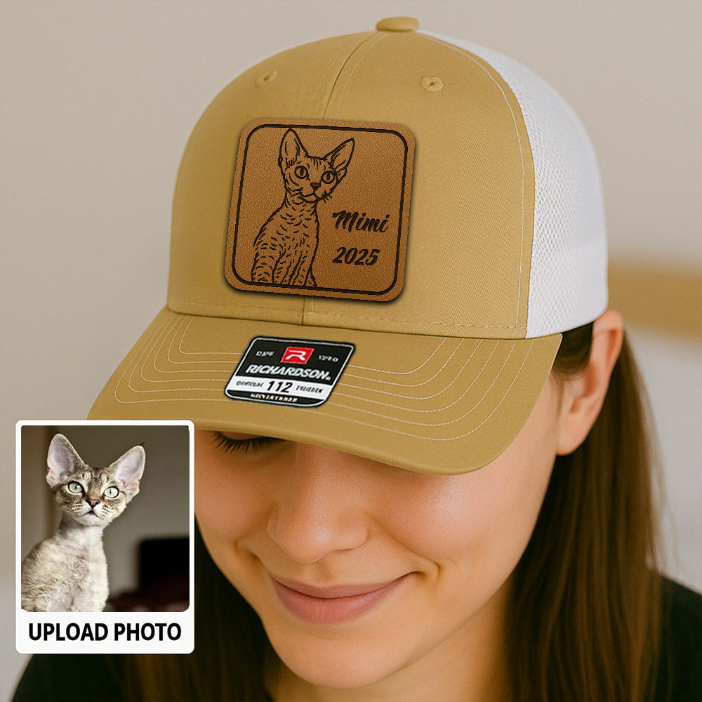 Custom Cat Photo Leather Patch Hat | Gift For Cat Lovers | Personalized Cat Memorial Trucker Hat TNGANSP014