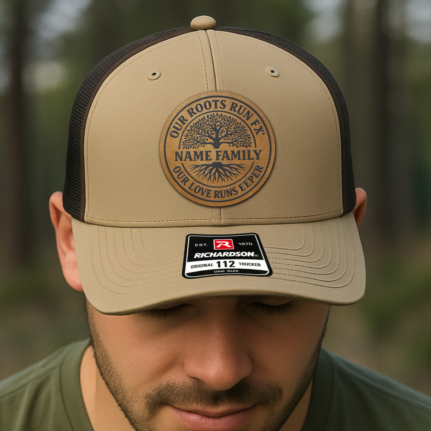 Custom Family Trucker Hat – “Our Roots Run Deep” Personalized Reunion Cap with Family Name & Tree Patch VHA163