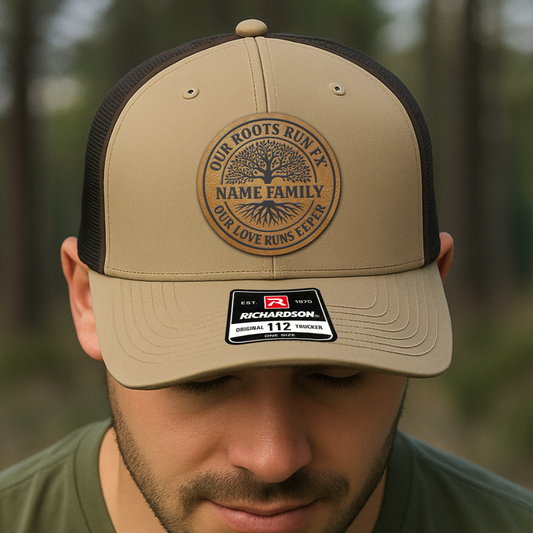 Custom Family Trucker Hat – “Our Roots Run Deep” Personalized Reunion Cap with Family Name & Tree Patch VHA163