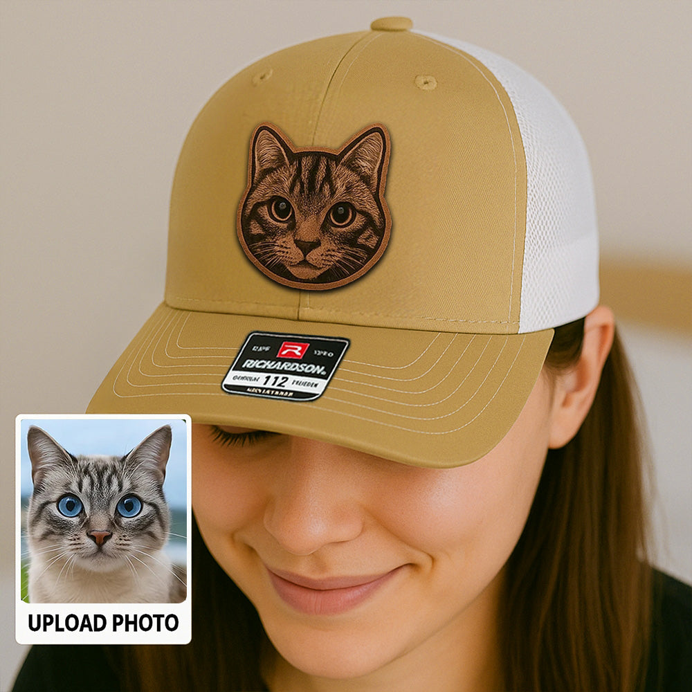 Custom Pet Photo Trucker Hat – Personalized Leather Patch Hat – Cat Dad Gift – Custom Pet Memorial Hat - Cat Gift - Engraved Hat NGOC99A5