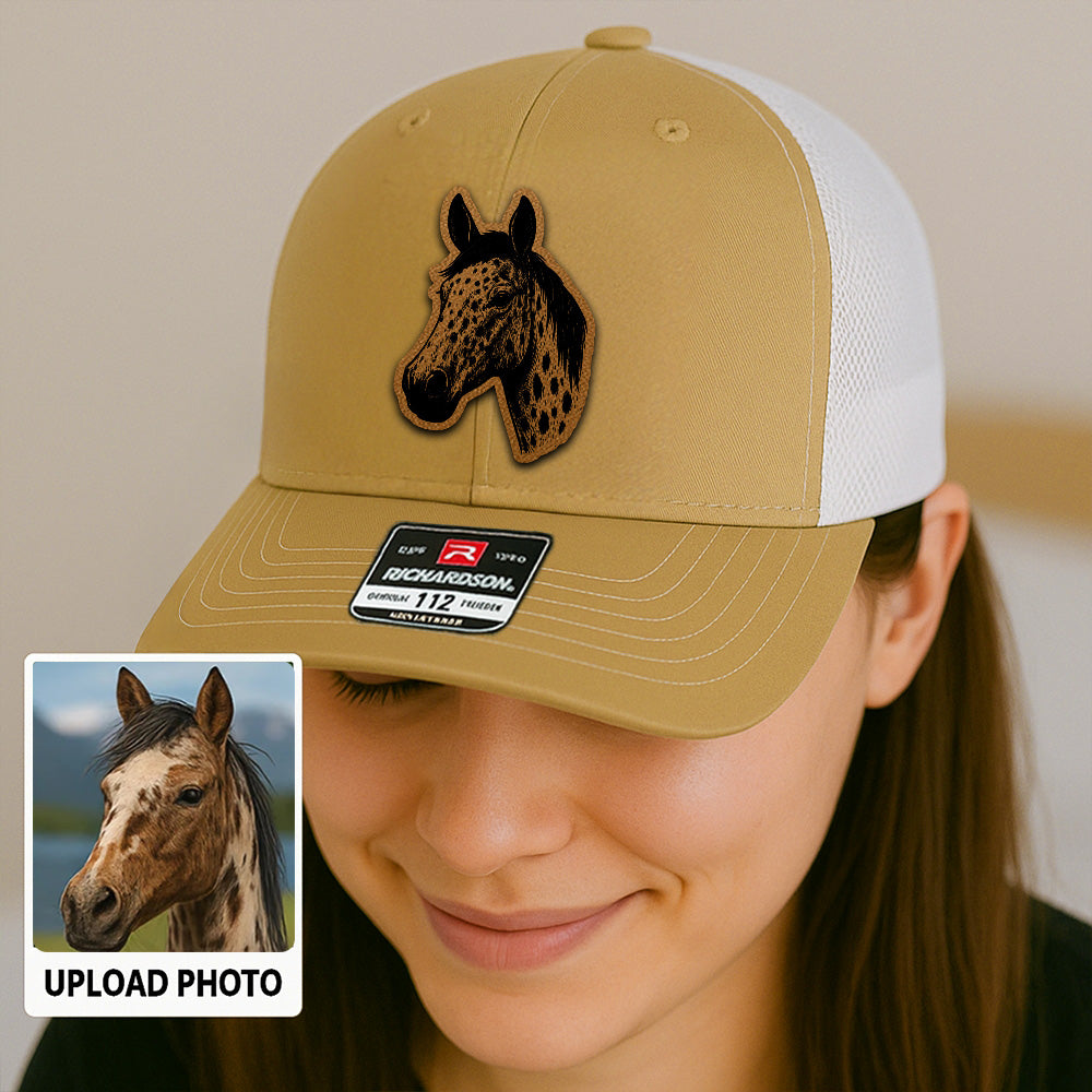 Custom Pet Photo Trucker Hat – Personalized Leather Patch Hat – Horse Portrait Gift – Custom Pet Face Hat P99A23